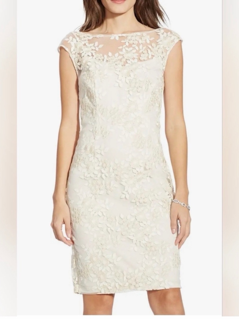 Ralph Lauren Floral Lace Sheath Dress in Champagne and Ivory | 10